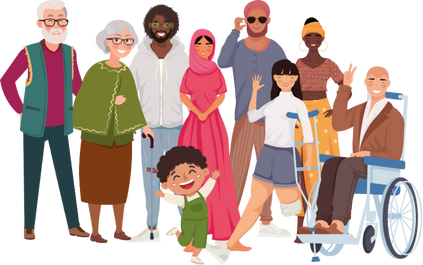 Illustration of a diverse group of people of different backgrounds, cultures, ages, disabilities and religions, smiling and waving. 