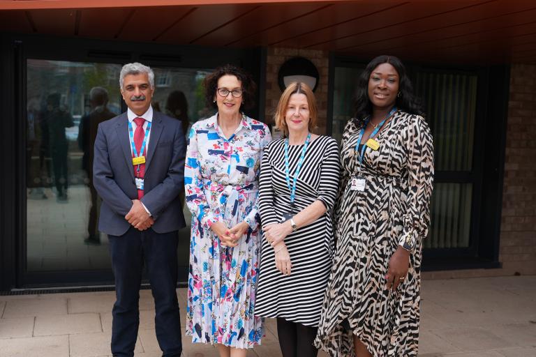 Sanjoy-Shah, Baroness Merron, Maria Kane and Gifty Markey outside NBT Trust Headquarters