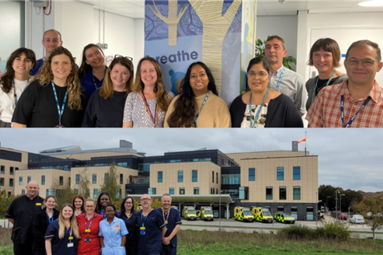 Two photos together. Group photo of Bristol Royal Infirmary colleagues (top) and Southmead Hospital colleagues (bottom)