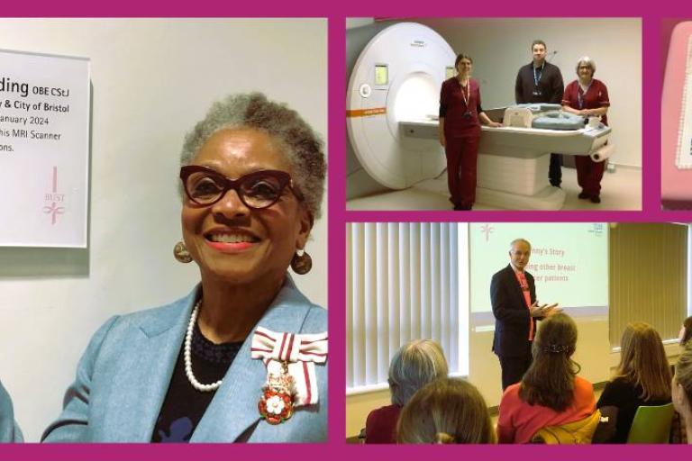 A collage of 4 photos; Mrs Peaches Golding OBE, 3 healthcare professionals and the MRI scanner, a BUST celebration cake, BUST MRI scanner opening speech