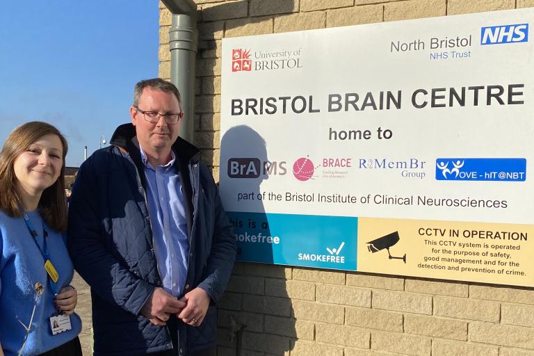Dr Mihaela Boca and John Morgan outside the Bristol Brain Centre