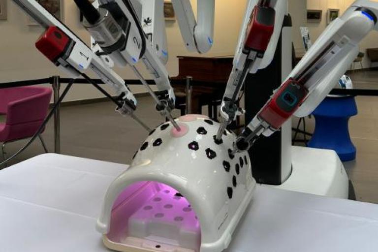 Robot surgical system, Da-Vinci robot, displayed in Southmead Hospital atrium