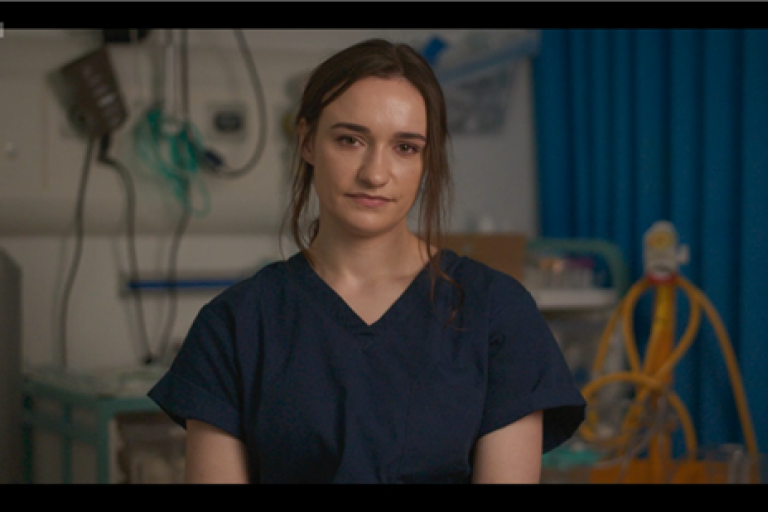 Screen capture of UHBW Nurse Bethany Pitt on BBC Casualty's NHS75