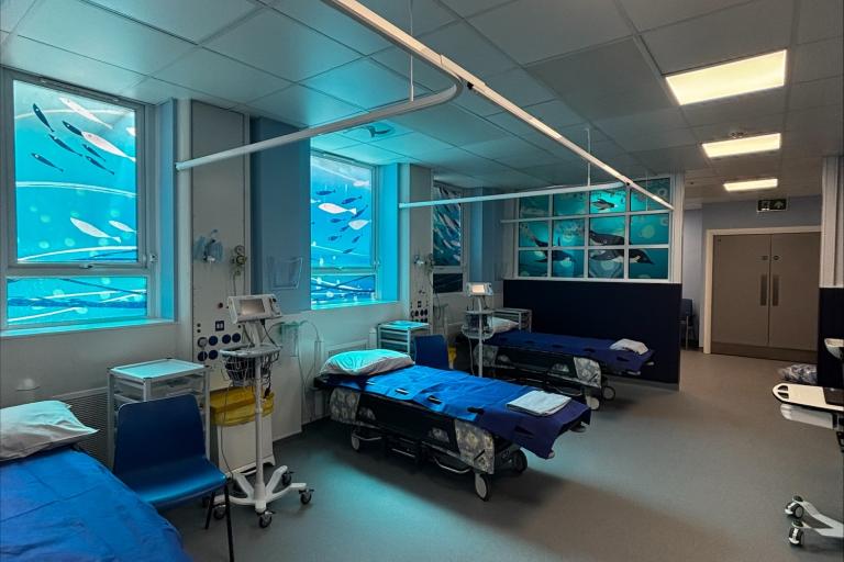 New and improved recovery bed in Bristol Dental Hospital ward with aquatic artwork donated to the hospital