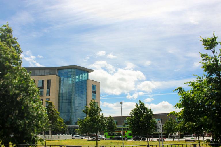 The green in front of Southmead Hospital on a sunny day