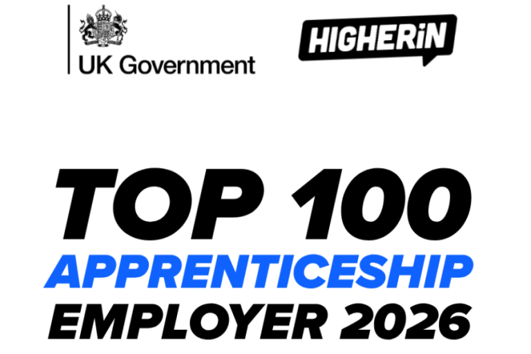 UK Government and Higherin graphic recognising a Top 100 Apprenticeship Employer for 2026.