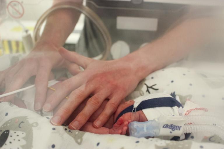 A premature baby in an incubator with the father's hands