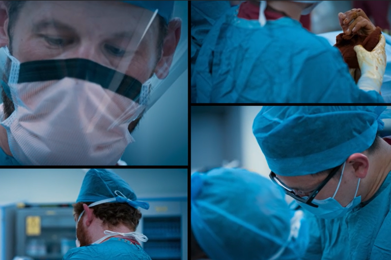 A collage of four operating theatre scenes showing healthcare staff wearing surgical gowns, masks, caps and protective visors. Close-up views show members of the surgical team concentrating during a procedure, with one panel showing gloved hands working on a patient's arm. The operating theatre is lit with cool blue tones, and medical equipment can be seen in the background.