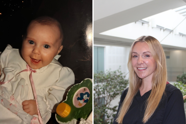 Caroline Walker pictured on the left as a baby and on the right following her 40th birthday in the Bristol Heart Institute at work. 