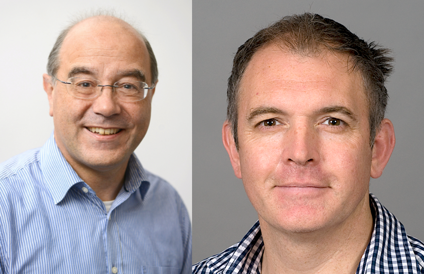 Side-by-side portraits of Professor David Gunnell CBE and Professor Andrew Mumford MBE