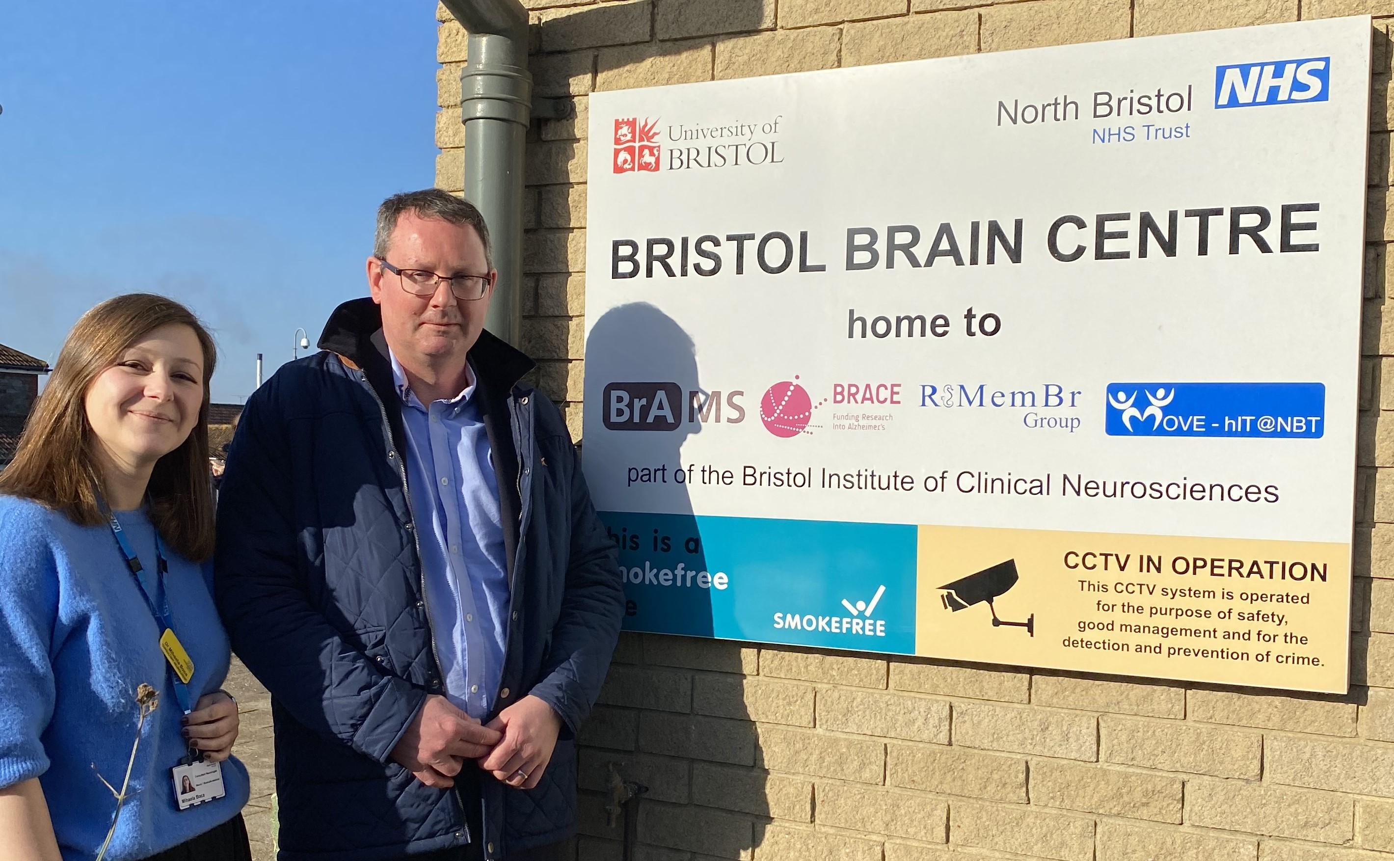 Dr Mihaela Boca and John Morgan outside the Bristol Brain Centre
