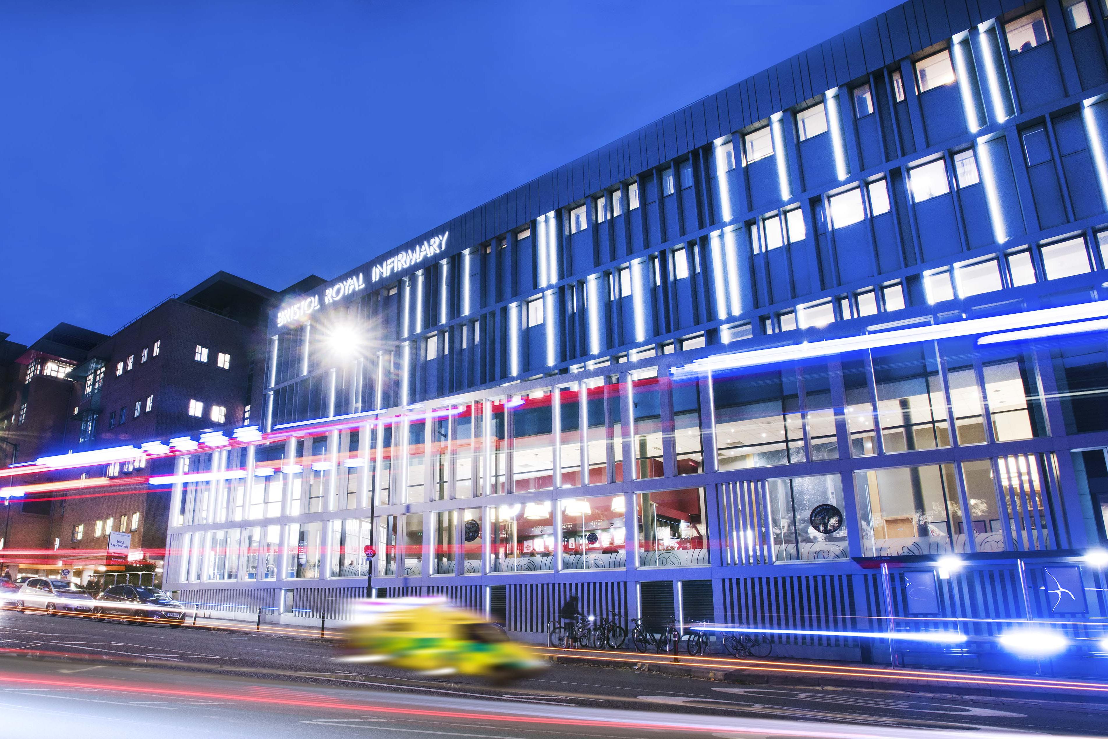 Front of Bristol Royal infirmary photographed at night