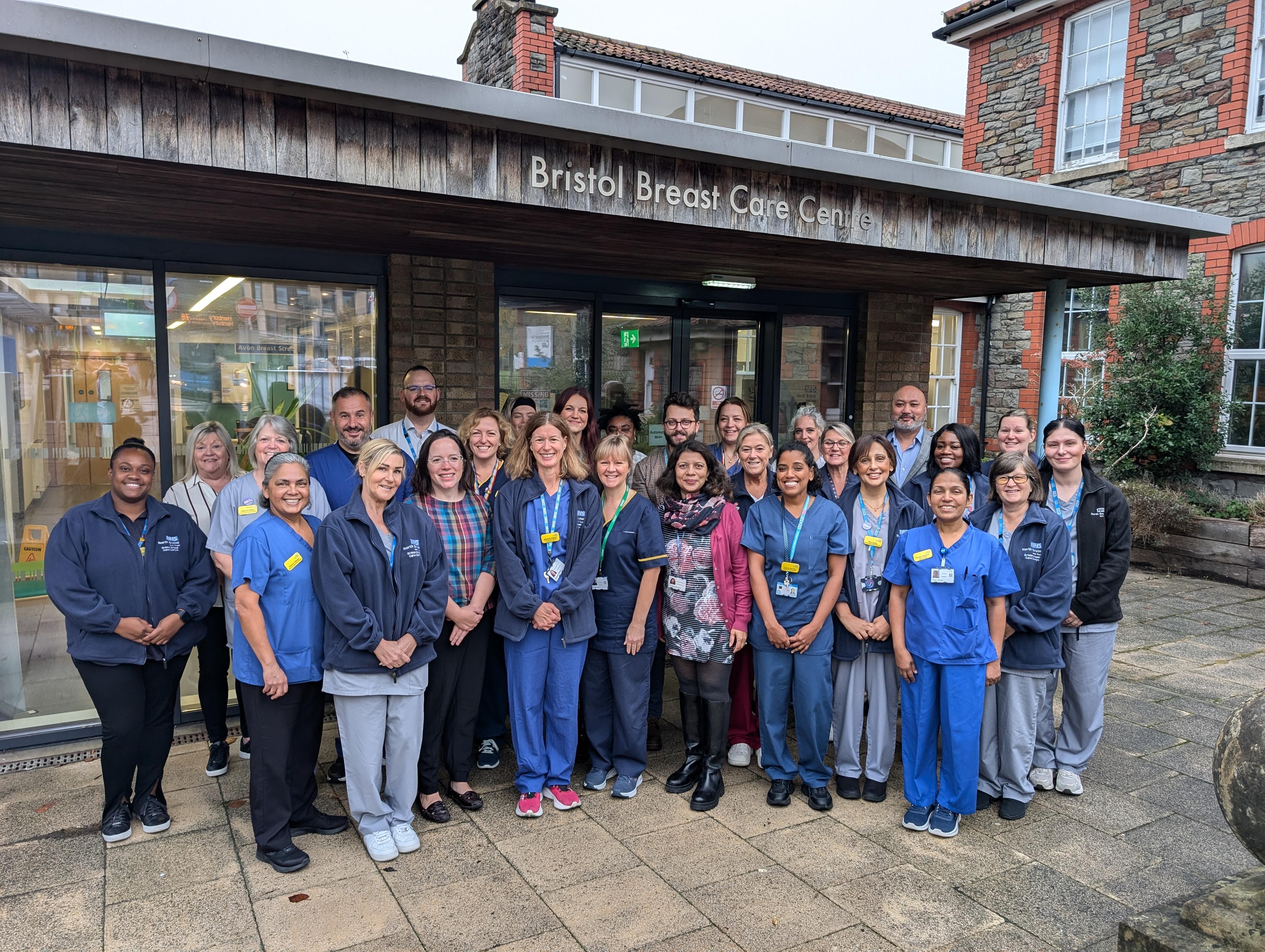 Bristol Breast Care team pose for group photo outside the Bristol Breast Care Centre