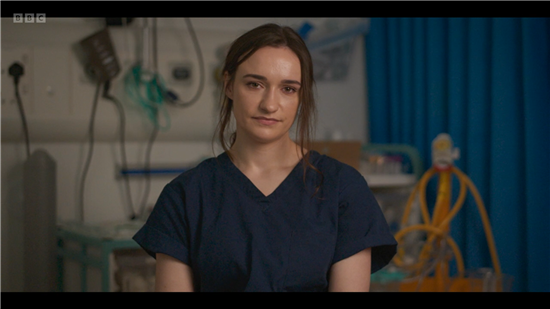 Screen capture of UHBW Nurse Bethany Pitt on BBC Casualty's NHS75