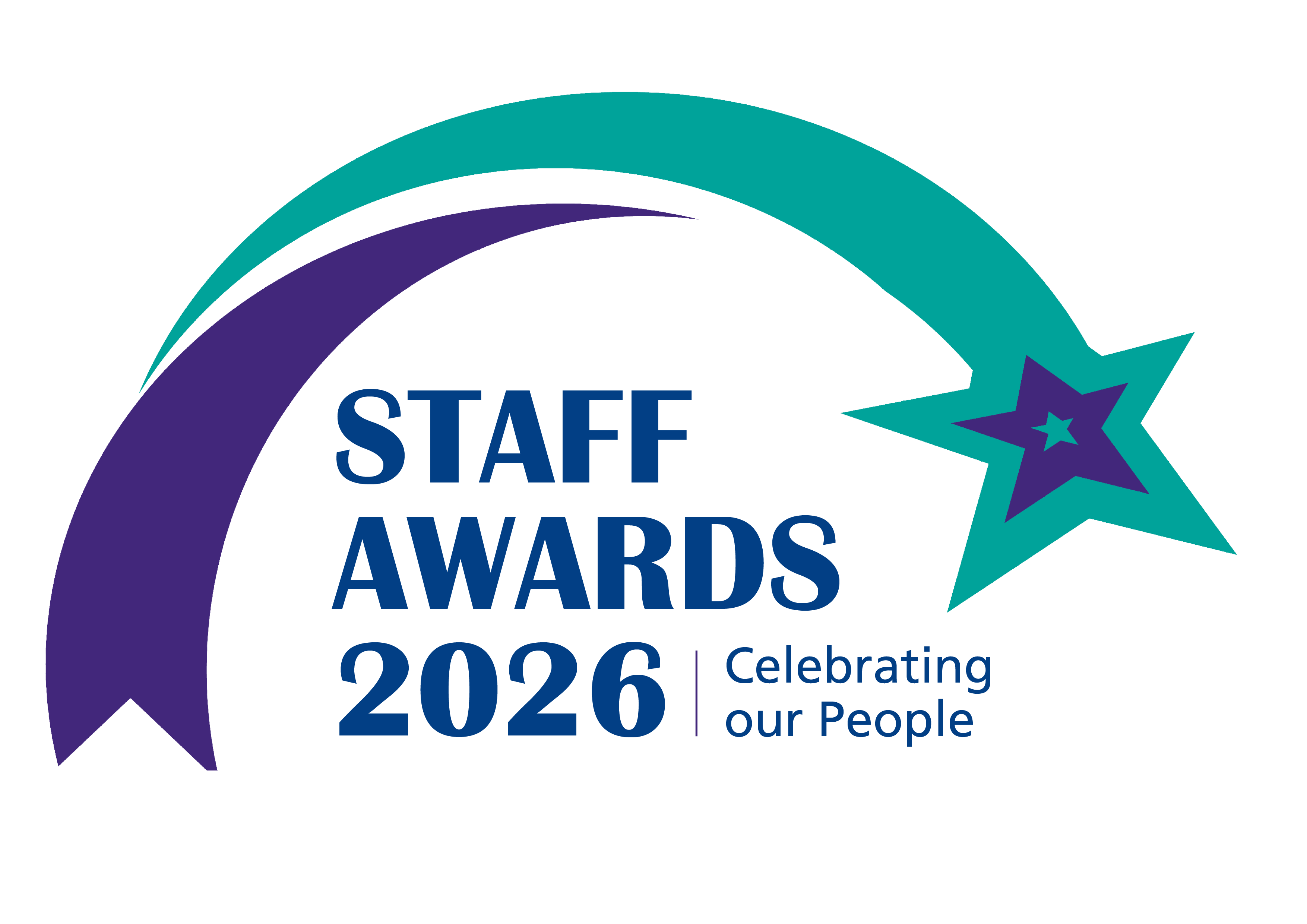 A logo showing a purple and green shooting star above the text 'Staff Awards 2026 | Celebrating our people'