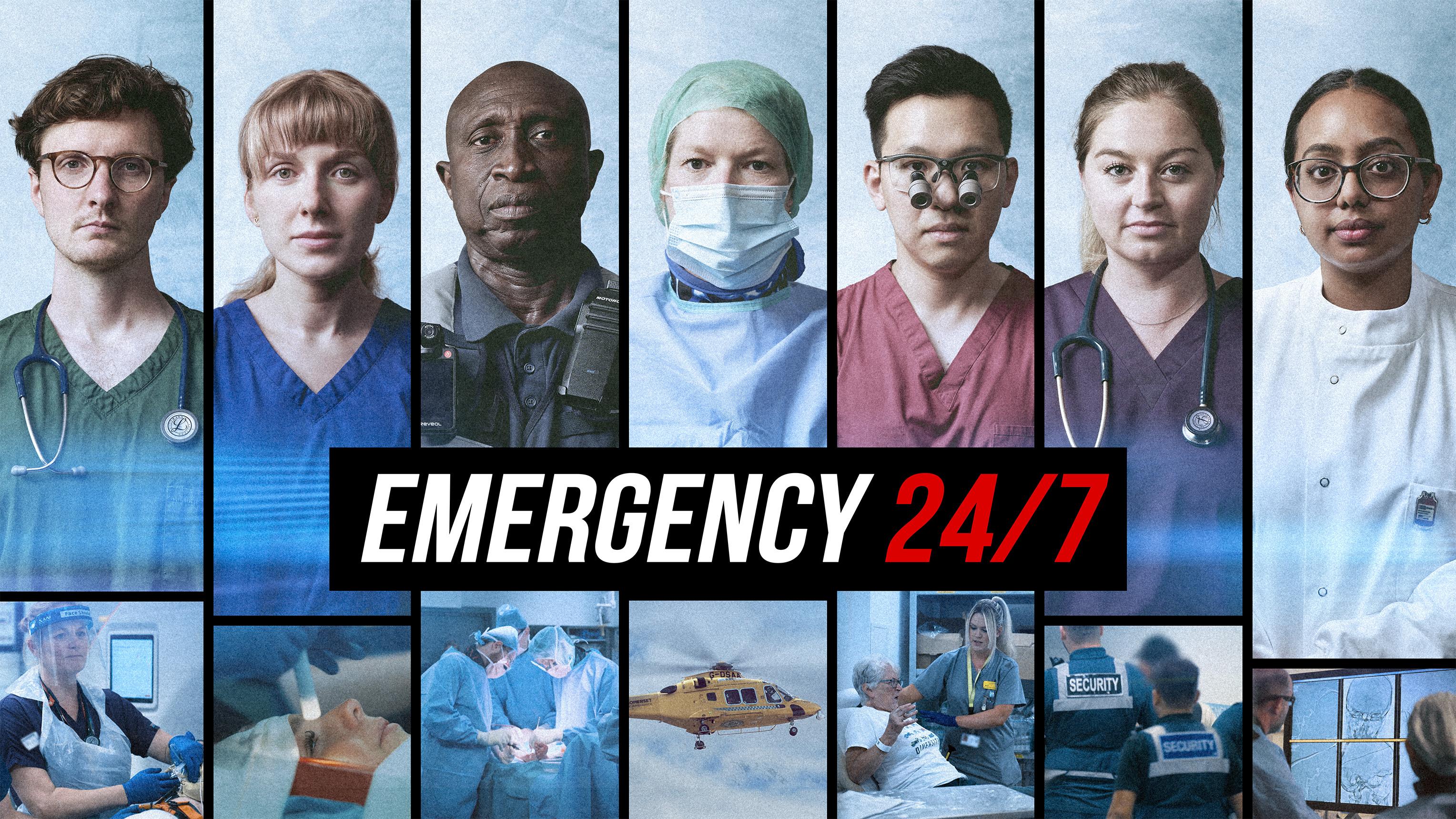 A graphic featuring seven portraits of NHS staff in uniform and smaller images below showing healthcare staff at work. The words Emergency 24/7 are in the centre of the image.